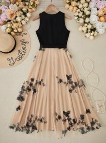 Franclia 优雅魅力无袖网眼腰带连衣裙，束腰超长度假海滩装女式 - 黑色 - 查看 2