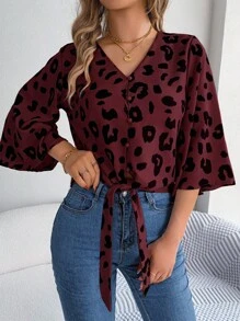 New Summer Animal Print Blouse Wrap V Neck Button Front Cropped Sleeve Tie Detail Vacation Resort Ready Shirt Top Womens - 紅色 - 查看 4