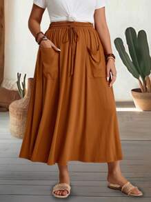 EMERY ROSE Falda larga suelta de verano para mujeres de talla grande con moda rural y unicolor - Naranja - Ver 5