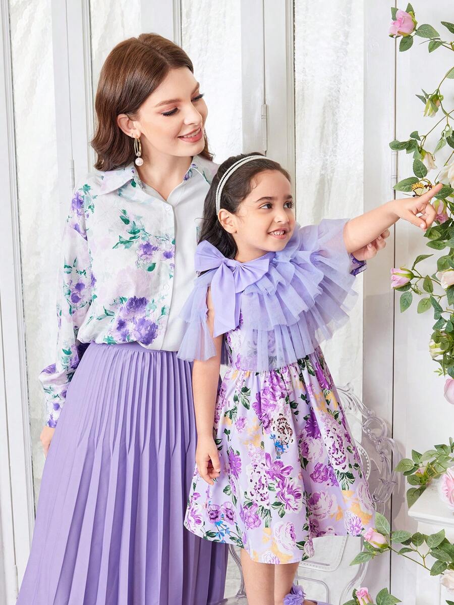 Bộ váy không tay dệt nơ bằng lưới dệt cho cô gái trẻ - Màu tím - Xem 1