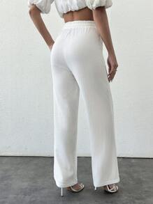 EURMUSE Summer Solid Color Beige High Waist Drawstring Waist Linen Look Wide Leg Pants - White - View 2