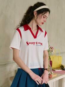Simple Retro Women's Short Sleeve Colorblock Collar T-Shirt - White - View 5