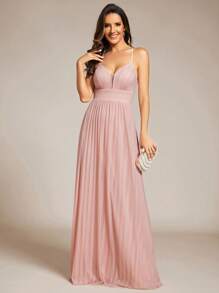 Deep V-Neck Pleated Bridesmaid Dress With Spaghetti Straps And Back Crossed Tie - Pink - View 1