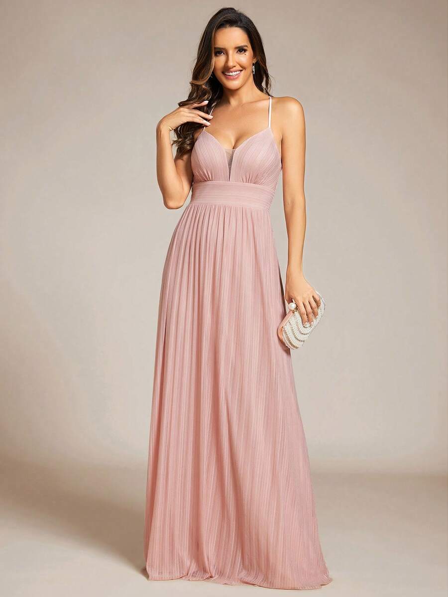 Deep V-Neck Pleated Bridesmaid Dress With Spaghetti Straps And Back Crossed Tie - Pink - View 1