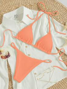 Swim Mod Women's Summer Beach Solid Color Halter Neck Strap Sexy Bikini Set - Coral Pink - View 1