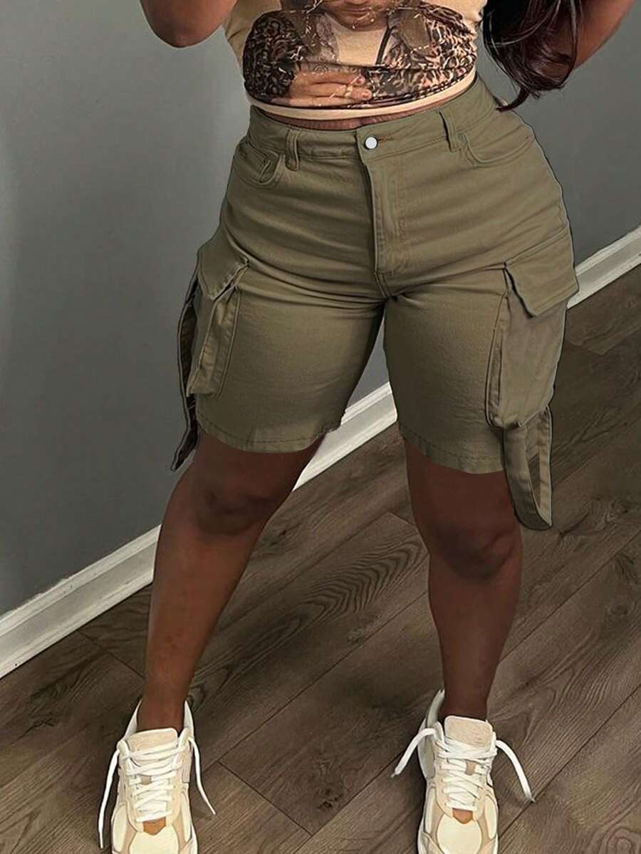 Quần short denim ống đứng dáng rộng nhiều túi kiểu Y2K (Nữ) - xanh quân đội - Xem 1