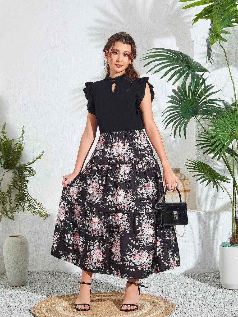 SHEIN Explorewe Vestido Negro Con Estampado De Flores Para Adolescentes - Negro - Ver 1
