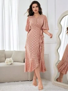 Modelyn 女士金色印花蝴蝶袖裹身裙，荷叶边下摆，系腰长款晚礼服 - 粉色 - 查看 5