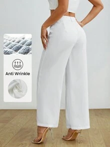 SHEIN PETITE Quần Ống Rộng Nữ Màu Trơn Cạp Cao, Chất Liệu Vải Chống Nhăn - trắng - Xem 2
