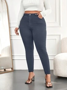 SHEIN Cottnline Plus Size High Waist Skinny Jeans - Light Grey - View 4