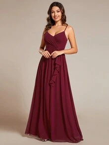 EVERPRETTY Deep V-Neck Spaghetti Strap Open Back Asymmetric Ruffled Bridesmaid Dress - Burgundy - View 3
