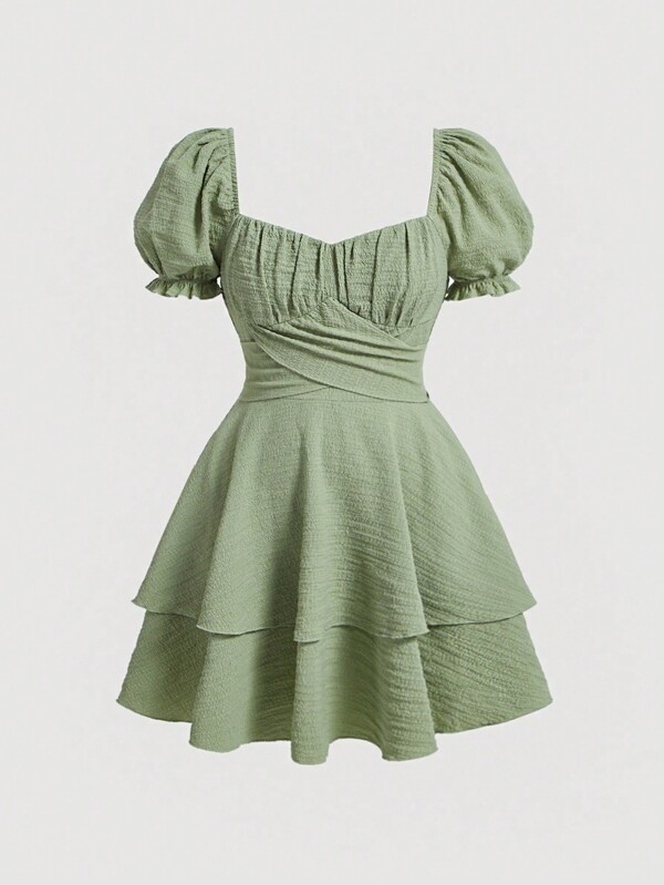 SHEIN MOD Plus Size Summer Solid Color Sweetheart Neckline Bowknot Tie Puff Sleeve Mini Dress, Green,Birthday Dresses For Women