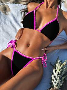 SHEIN Swim Women's Summer Beach Floral Decorated Halter Neck Strap Sexy Bikini Set With Bottoms - Black - View 1