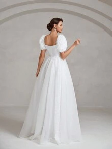 Faeriesty Bride Square Neck Short Sleeve A-Line Wedding Dress For Women – Elegant Bride, Garden Ceremony, Church Wedding, Vintage Styling, Formal Reception - White - View 2