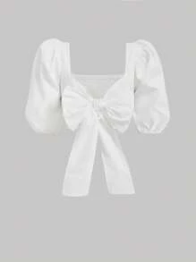 SHEIN MOD Camicia bianca estiva da donna con fiocco sul davanti, scollo quadrato e maniche medie - Bianco - Visualizzare 1