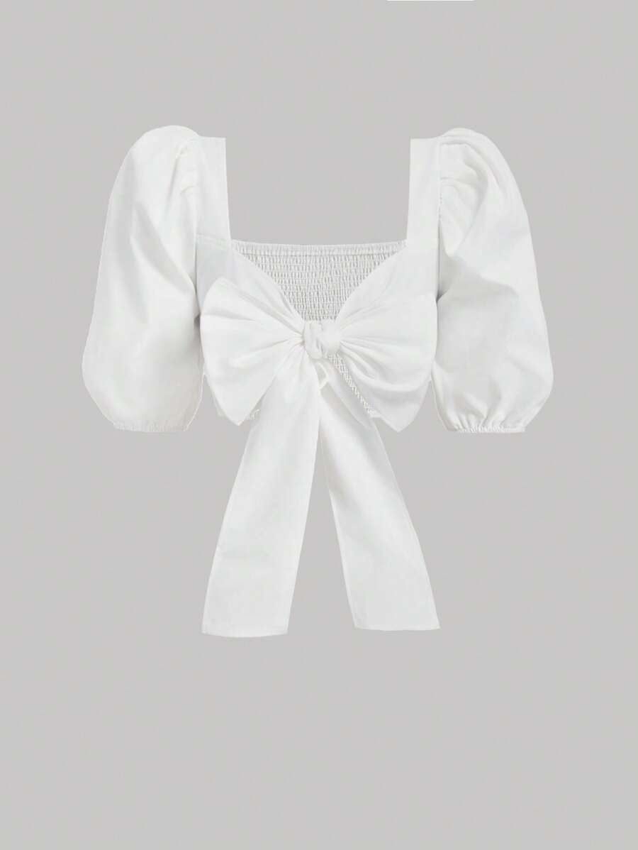 SHEIN MOD Camicia bianca estiva da donna con fiocco sul davanti, scollo quadrato e maniche medie - Bianco - Visualizzare 1