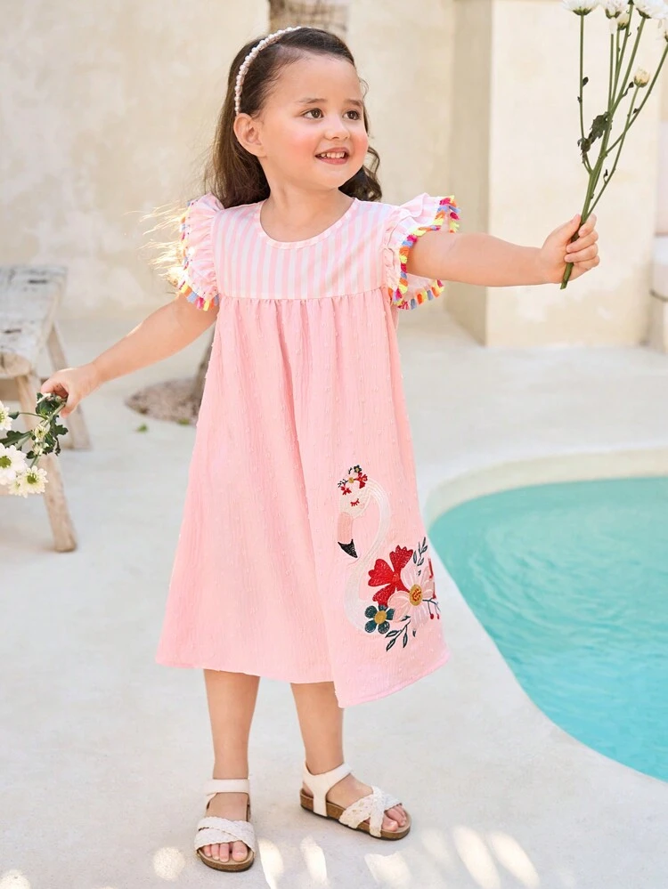 Young Girl Textured Jacquard Fabric Patchwork Sleeve Fringed Dress