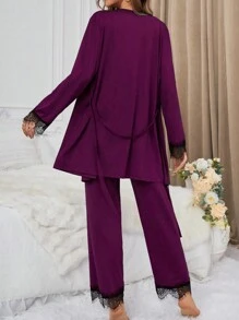 Ladies' Contrast Color Lace Patchwork Spaghetti Strap Top & Long Pants & Belted Robe Pajamas Set, Fall Winter Clothes - Dusty Purple - View 2