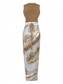 2pcs/Set Women Summer Lace-Up Backless Solid Color Vacation Honeymoon Cropped Top & Elastic Waist High Slit Drawstring Relaxed Elegant Skirt Suit - Màu Khaki - Xem 6