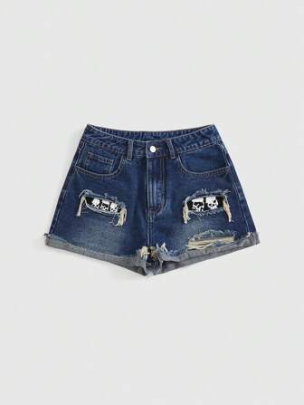 Goth Distressed Skeleton Pattern Rolled Hem Design Denim Shorts