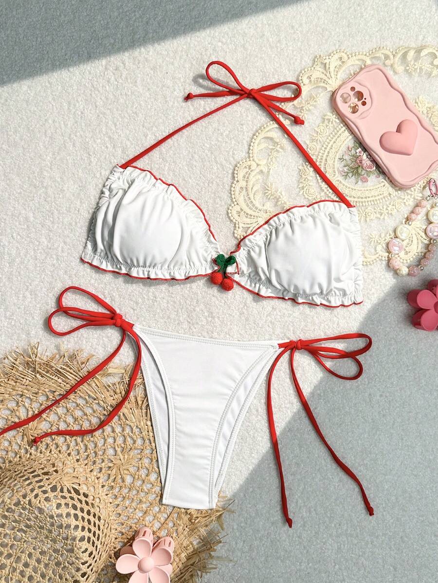 Swim Mod Bộ bikini có đường viền tương phản dành cho nữ dành cho kỳ nghỉ ở bãi biển & hồ bơi, Bộ bikini đi biển mùa hè Bộ áo ngực và bikini dưới Bộ bikini dành cho bãi biển mùa hè - Đỏ và trắng - Xem 1