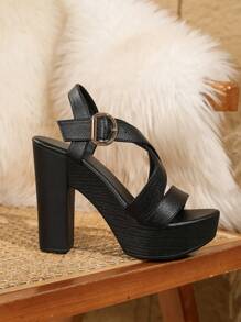 Fashion Faux Wood Bottom Open Toe Party Women's High Heel Sandals,Platform Heels For Women - Black - View 5