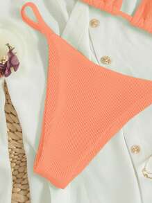 Swim Mod Women's Summer Beach Solid Color Halter Neck Strap Sexy Bikini Set - Coral Pink - View 3