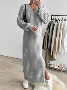 EURMUSE Drop Shoulder Ribbed Knit Sweater Dress - Light Grey - View 1