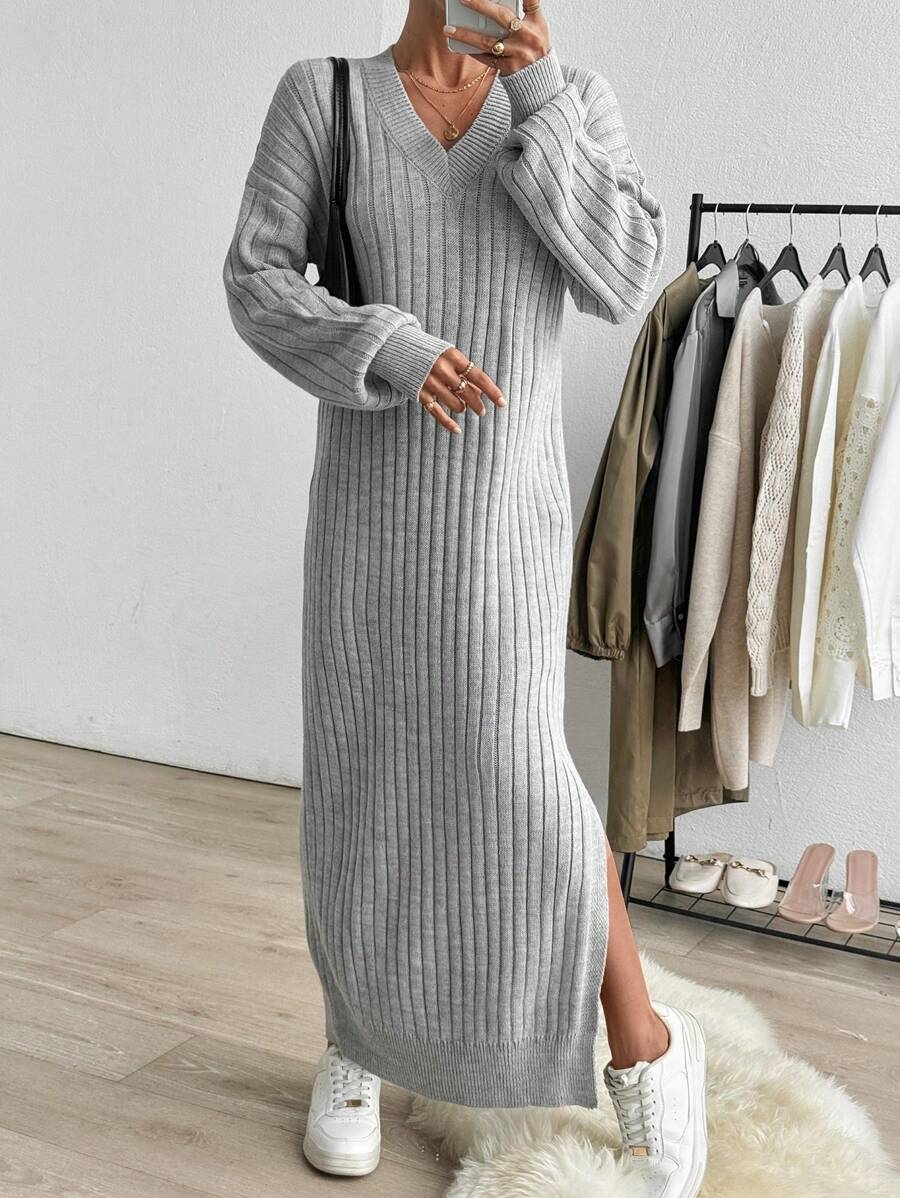 EURMUSE Drop Shoulder Ribbed Knit Sweater Dress - Light Grey - View 1