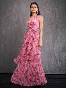 MgacyV-Neck Cross-Over Activity Folded Multi-Layer Cake Printed Swing Dress,Bridesmaid Dress - Pink - View 5