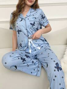 Women's Short Sleeve Top And Long Pants Sleepwear Set Pajama Set With Star, Moon, And Butterfly Print