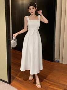 DAZY 女士纯色方领优雅夏季连衣裙，宽肩带舞会礼服，太阳裙，婚礼礼服