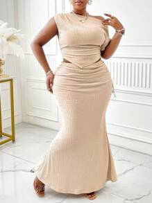 BIUBIU Spring/Summer New Plus Size Elegant Casual Commuter Asymmetrical Slanted Shoulder Collar Pleated Top With Asymmetric Hem And Mermaid-Style Striped Skirt Set