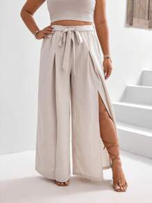 SHEIN Frenchy 夏季度假大码高腰系带裤 - 杏色 - 查看 1