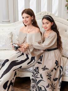SHEIN Tween Girl Integrated College Square Neck Bubble Sleeve Floral Pattern Midi Dress