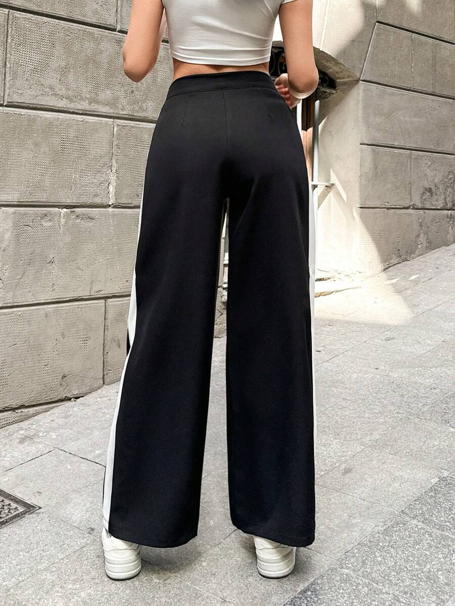 SHEIN Gewebte schwarze Damen Hose mit weißen gestreiften Details am ...