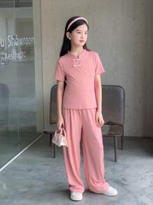 Tween Girl Summer Casual Solid Color Stand Collar Buttoned Short Sleeve Top And Long Pants Set - Pink - View 3