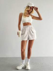 SHEIN Unity Solid Color Drawstring Waist Workwear Sport Shorts - Apricot - View 3