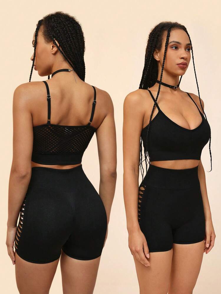 Women's Seamless Sportswear Set With Solid Color Thin Shoulder Spaghetti Strap Cami Top And Cutout Shorts For Summer Workout Sets