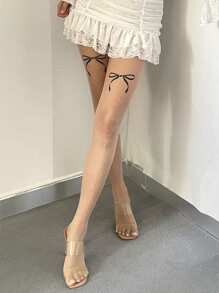 DAZY 女性蝴蝶結印花連褲襪，適合搭配裙子穿著 - 杏色 - 查看 2