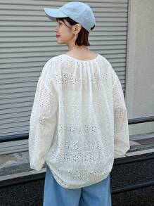 FRIFUL Women's Solid Color Round Neck Hollow Out Embroidered Long Sleeve Casual Shirt, Summer - Apricot - View 4