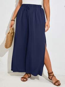 SHEIN Frenchy Pantalon grande taille à fente latérale pour femmes, tenue de festival country, vêtements d'été - Bleu marine - Voir 3
