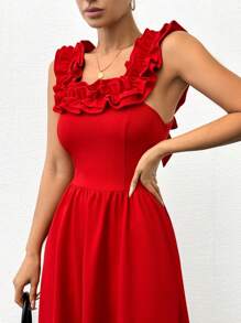EURMUSE ROMANTIC RUFFLED RIBBON DETAIL ELEGANT DRESS - Red - View 5