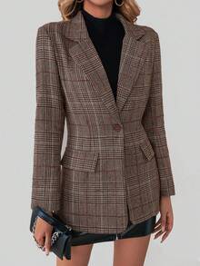 Women's Contrast Plaid Lapel Single-Breasted Blazer - Mocha Brown - View 4