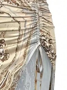 2pcs/Set Women Summer Lace-Up Backless Solid Color Vacation Honeymoon Cropped Top & Elastic Waist High Slit Drawstring Relaxed Elegant Skirt Suit - Màu Khaki - Xem 9