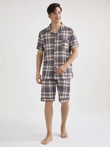 Men's Plaid Short Sleeve And Long Pants Homewear Set - Dark Grey - View 9