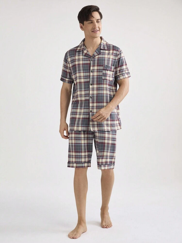 Men's Plaid Short Sleeve And Long Pants Homewear Set