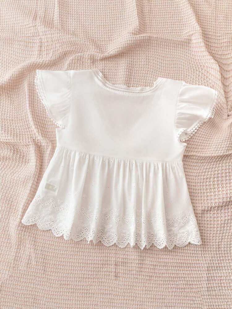 Summer Casual White Woven Hollow Out Embroidered Lace Trim Cap Sleeve Blouse