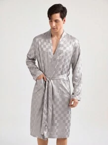Men's Stylish Checkerboard Long Sleeved Mid-Length Homewear Bathrobe - Apricot - View 9