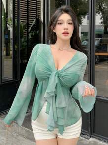 DAZY Elegant Women's Spring/Summer Dip-Dyeing Tie-Front Split Bell Sleeve Shirt,Ruffle Sheer,Fall Women Clothes Long Sleeve Top - Green - View 7